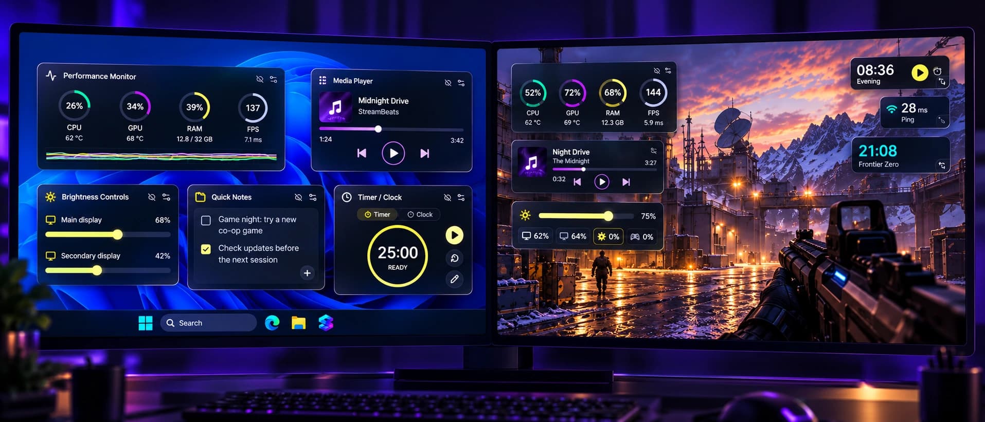 Two screens showing SysCubes: individual widgets on a Windows desktop alongside compact overlays in a game.